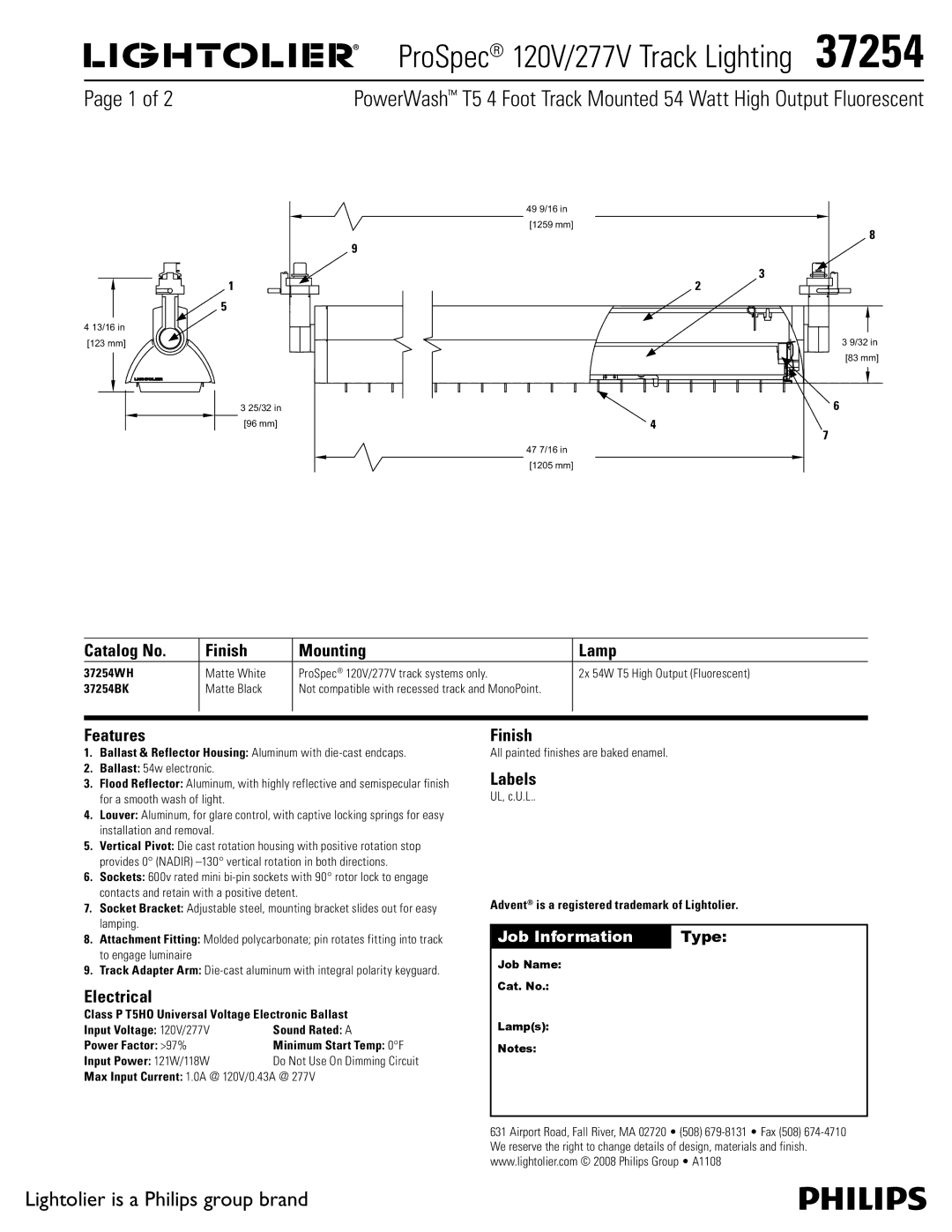 Lightolier 37254 manual ProSpec 120V/277V Track Lighting , Catalog No Finish Mounting Lamp, Features, Electrical, Labels 